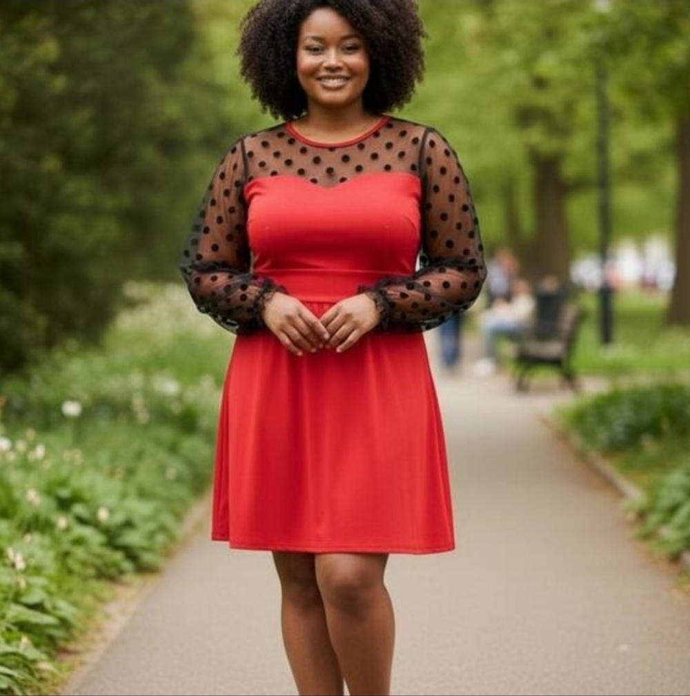 STUNNING RED❤️ DRESS WITH  BLACK Polka Dot Sleeves/ NWOT